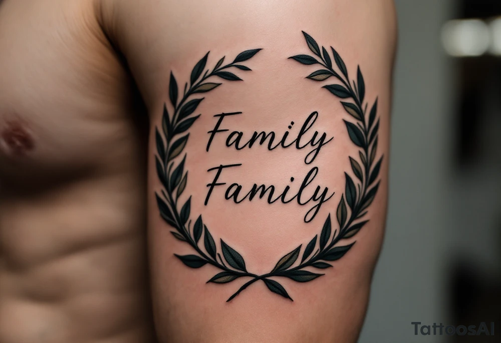 A black and gray family tattoo encircled by a laurel wreath with hints of dark olive green. tattoo idea