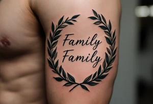 A black and gray family tattoo encircled by a laurel wreath with hints of dark olive green. tattoo idea