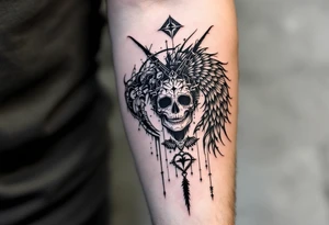 deux corneille
 noir une 
épée un crane et un coeur sur avant bras tattoo idea