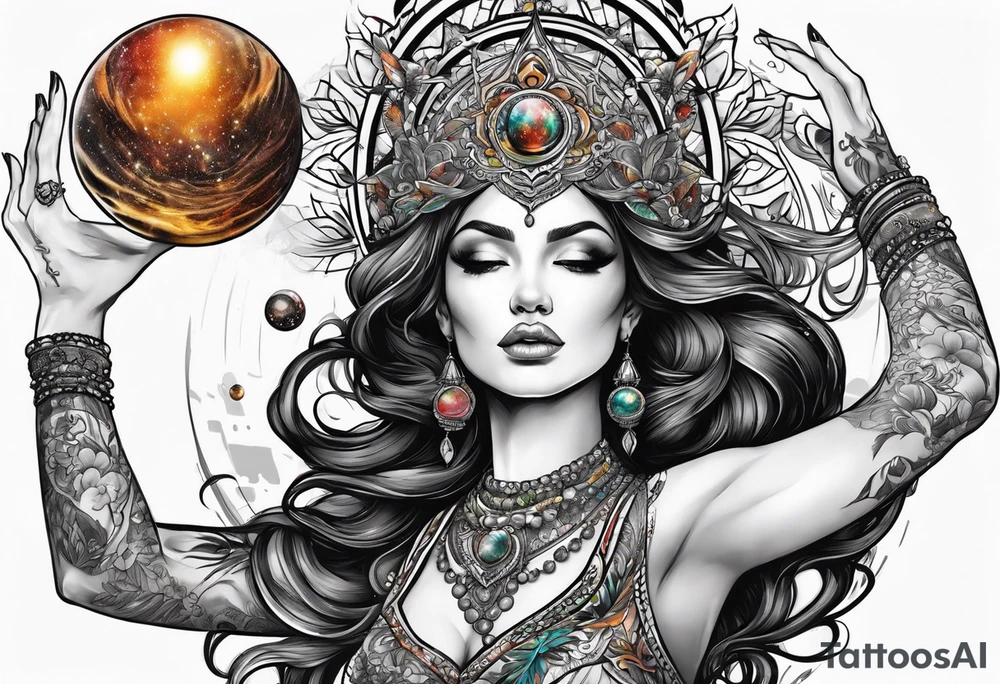 Woman , hands above her head, holding orb of creation tattoo idea