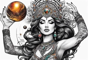 Woman , hands above her head, holding orb of creation tattoo idea