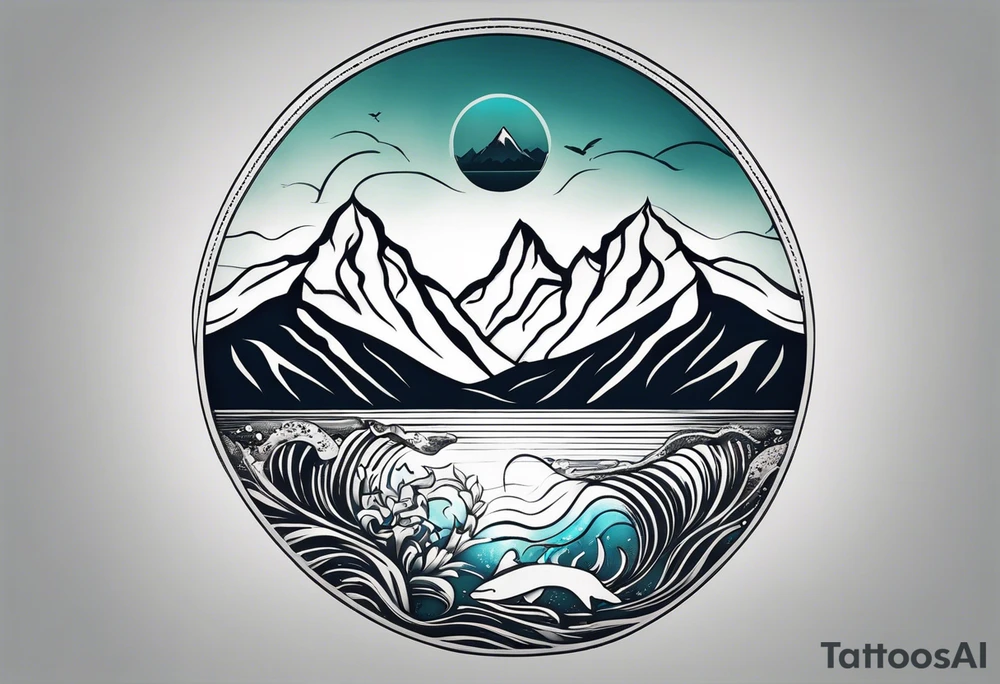 This is a minimalistic tattoo that is split into 2 sections; a top half and a bottom half. The top half is a mountain in Norway with a mountain bike trail winding down the mountain. The bottom half of the tattoo depicts an underwater scene featuring water, and sea life. tattoo idea