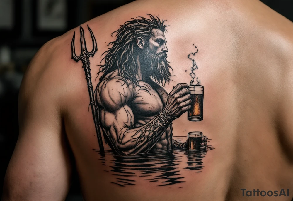 young, fit poseidon in calm water, holding a trident, holding a beer, looking at the sky tattoo idea