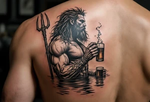 young, fit poseidon in calm water, holding a trident, holding a beer, looking at the sky tattoo idea