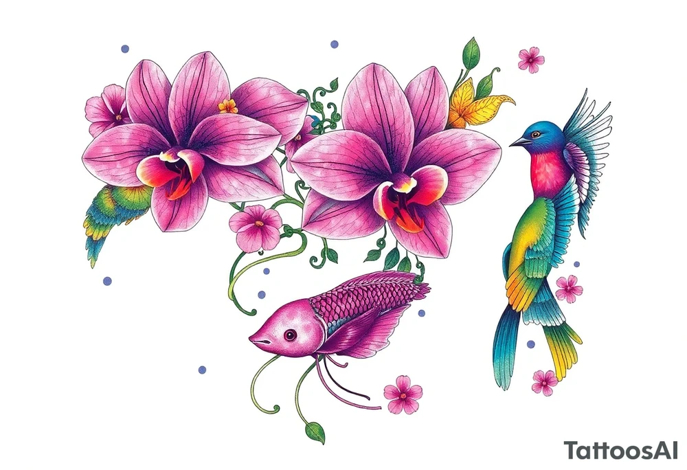 orchid flower ,  Coi fish and colorful birds tattoo idea