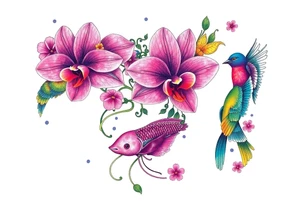 orchid flower ,  Coi fish and colorful birds tattoo idea