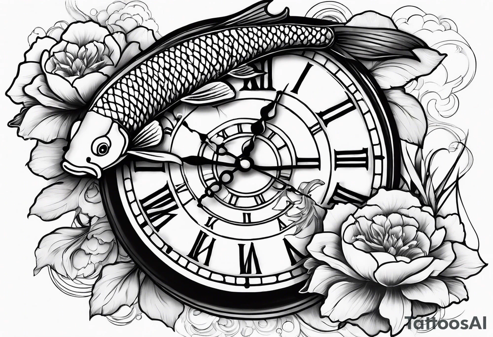 Koi fish and old clock tattoo idea