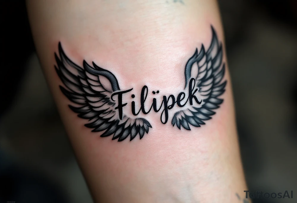 The name Filípek cradled by a pair of gentle gray angel wings. tattoo idea