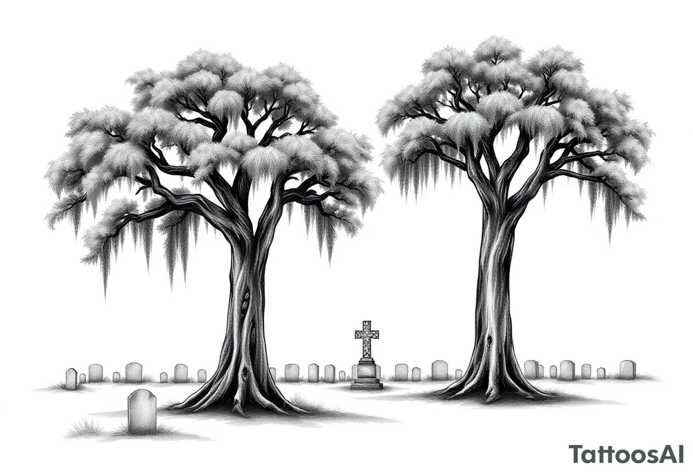 2 Oak trees with Spanish moss in a cemetery tattoo idea