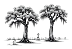 2 Oak trees with Spanish moss in a cemetery tattoo idea