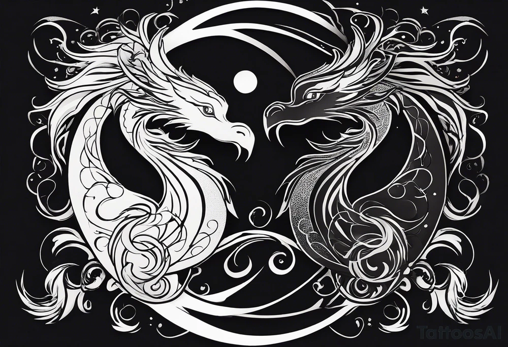 For a Gen Z-inspired dragon and phoenix tattoo, think of a clean, minimalist design that combines symbolism with bold, sleek lines. Imagine a dragon and phoenix spiraling together in a yin-yang-inspired layout. The dragon has a slightly abstract, modern shape, with sharp, flowing lines to show power, resilience, and wisdom, while the phoenix is rendered with sweeping curves and minimal detailing, symbolizing rebirth, growth, and transformation.

Both creatures should interact in a harmonious way, representing balance and duality. To keep it meaningful, focus on line work rather than intricate shading—clear, open spaces allow the tattoo to feel light and energetic. Adding small symbols, like stars or a faint galaxy backdrop, can enhance the "rising from ashes" and "strength through challenge" themes. This design will have a timeless appeal while resonating with Gen Z’s love for symbolism and simplicity. tattoo idea