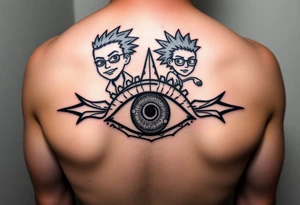 Boondocks Riley Freeman and Huey Freeman on top. in the middle itachi sharingan with one eye having Rick and Morty walking out of it, tattoo idea