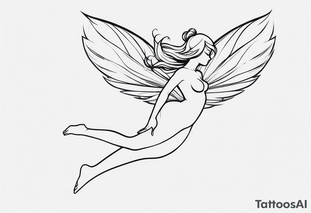 Minimalistic, monochromatic fairy with a tail flying to the left in a fetal position, leaning and looking in the same direction, with visible hands, embodying the 'Fairy Tail' logo aesthetic. tattoo idea