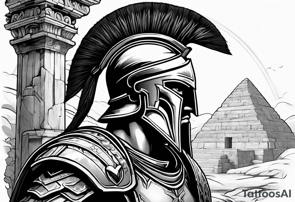 Side profile of spartan soilder with ancient ruins in background tattoo idea