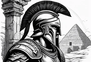Side profile of spartan soilder with ancient ruins in background tattoo idea