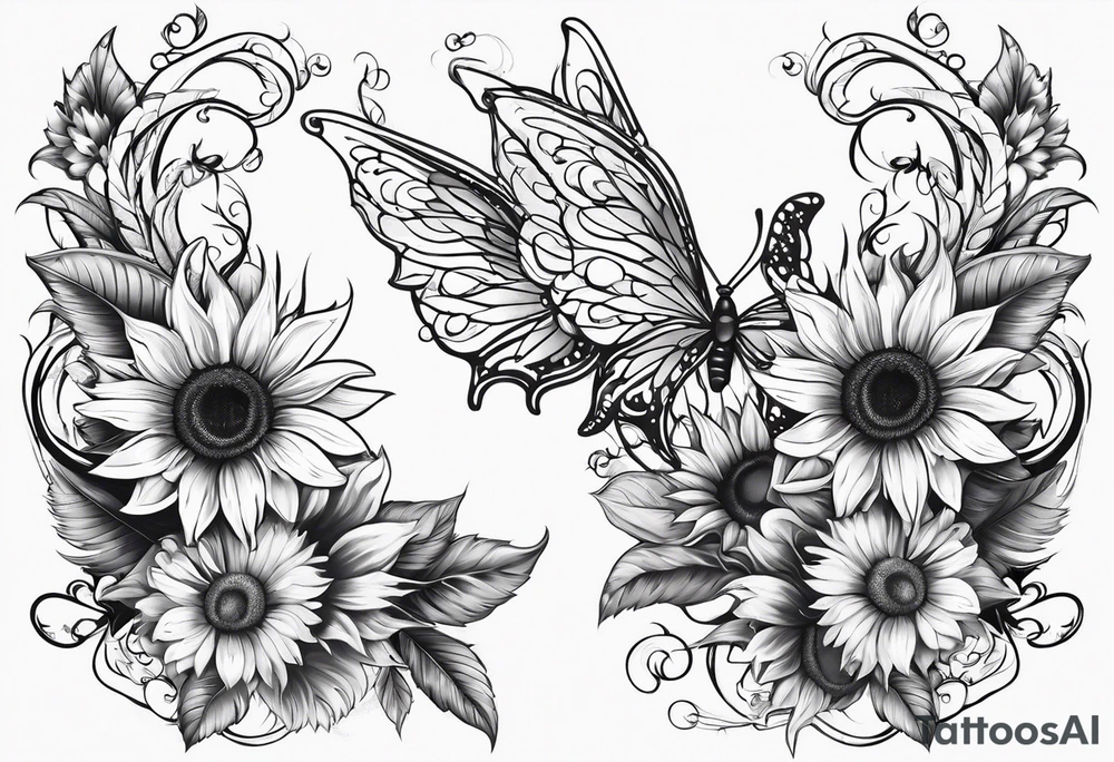 Sleeve with angel wings, sunflower and butterfly tattoo idea