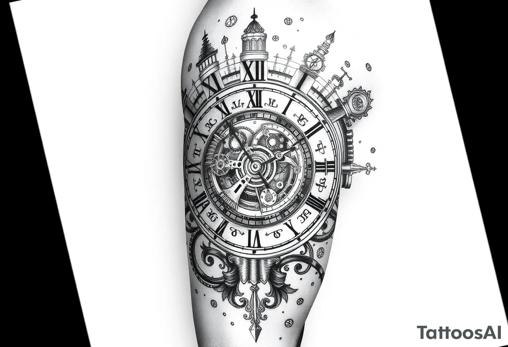 vintage roman numerals within ornate clockwork mechanism tattoo idea