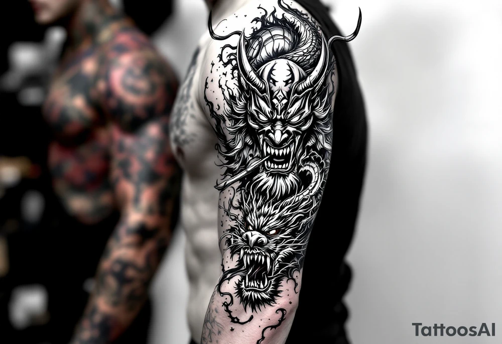 Japanese style, oni mask biting the tail of a dragon and on the other side has a japanese warrior/ samurai tattoo idea