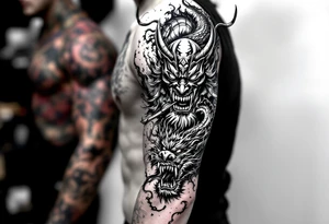 Japanese style, oni mask biting the tail of a dragon and on the other side has a japanese warrior/ samurai tattoo idea