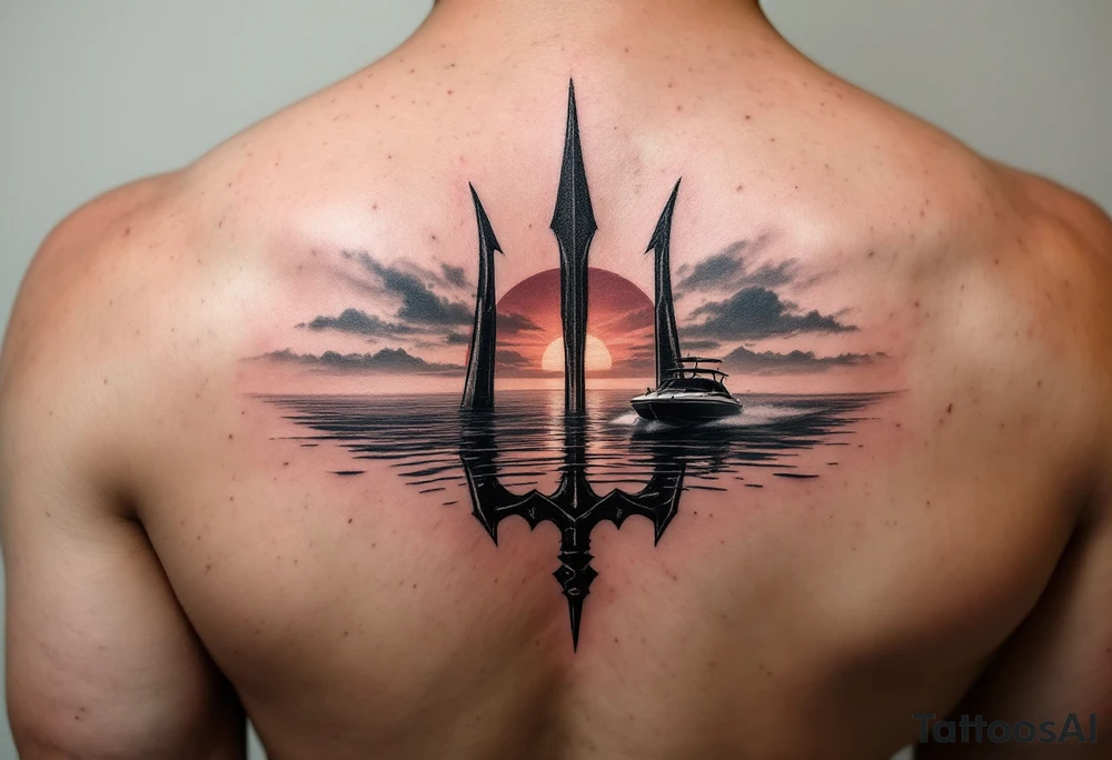 trident half way under calm water with skiboat and sunset tattoo idea