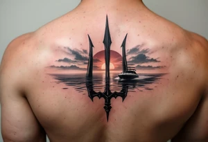 trident half way under calm water with skiboat and sunset tattoo idea
