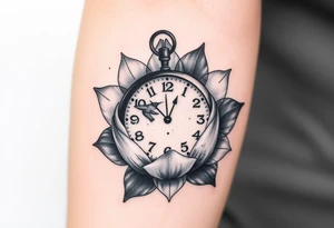 A broken clock floating inside a blooming lotus flower, with a small bird flying out from the clock face tattoo idea
