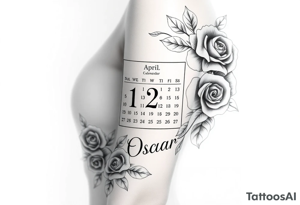 A Calendar showing 12th April with roses and the name oscar tattoo idea