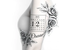 A Calendar showing 12th April with roses and the name oscar tattoo idea