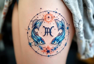 Twin fish form a circle around the Pisces star constellation with its zodiac sign in rich blues and soft peach ink. tattoo idea