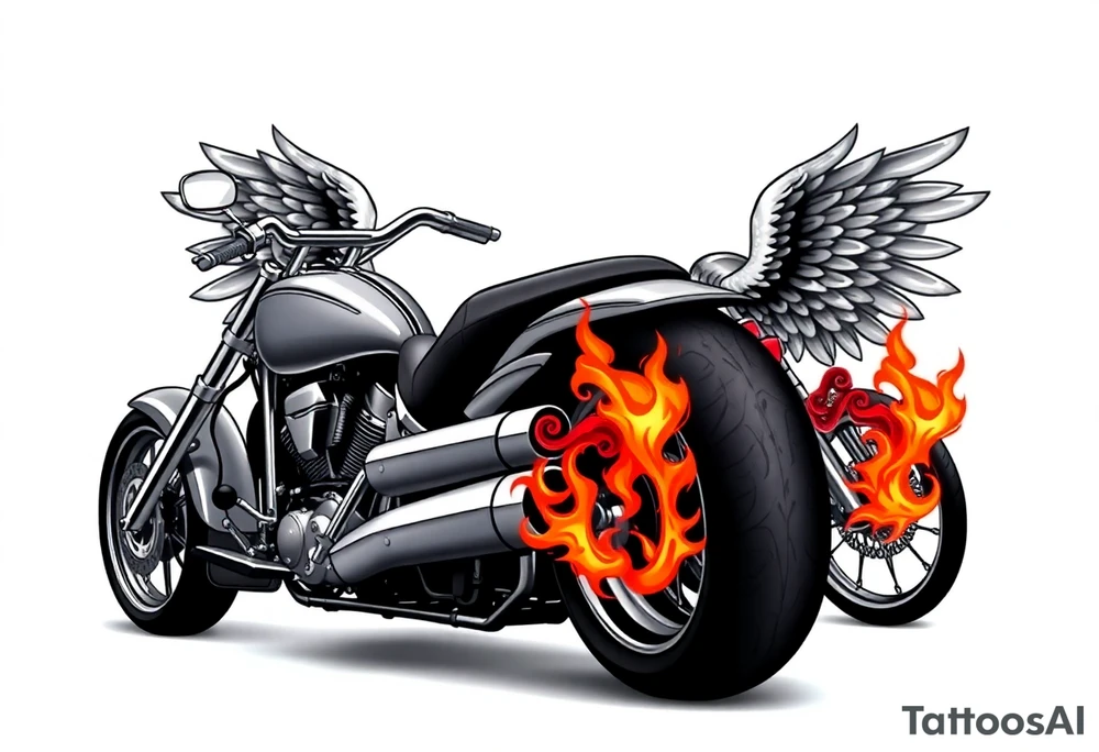 Low rider grey motorcycle, big muffler pipes with flames, angel wings, driving away, no person tattoo idea