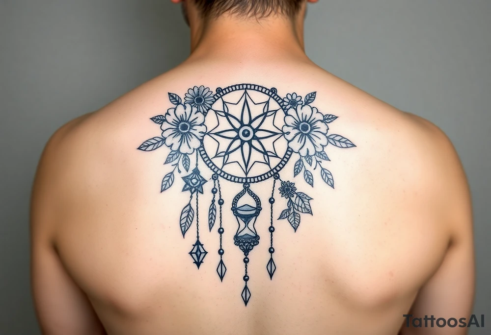 Boho dream catcher with gothic compass and hourglass. Beautiful flowers and an ornamental chandelier like look tattoo idea