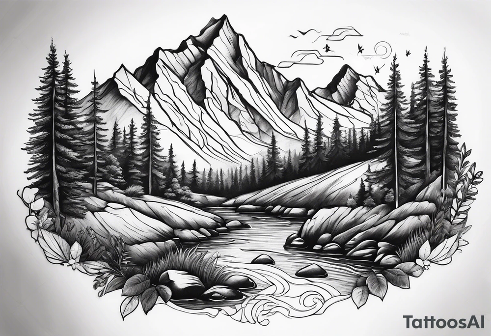 mountains, stream and nature tattoo idea