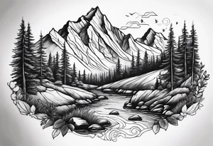 mountains, stream and nature tattoo idea