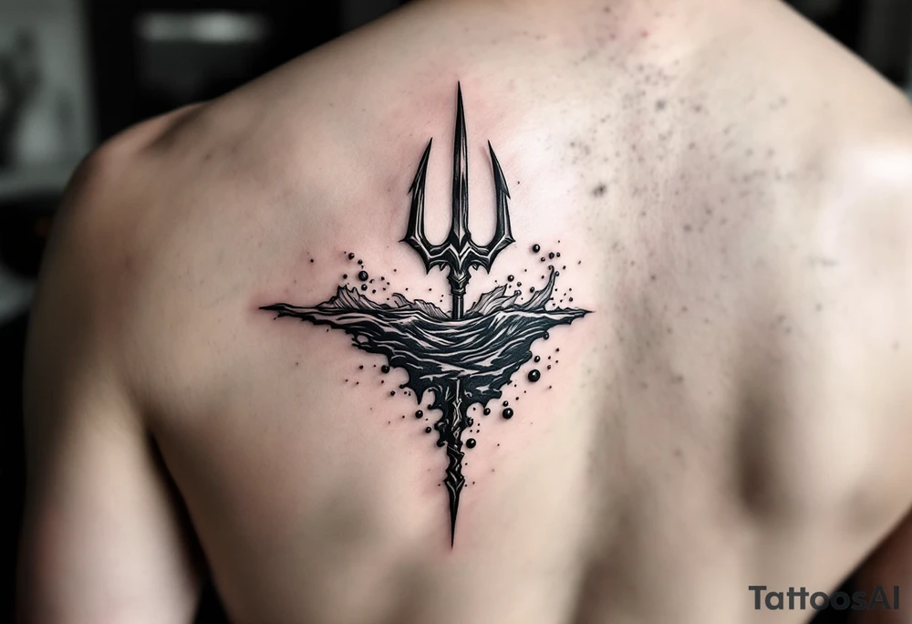 trident half way under water tattoo idea