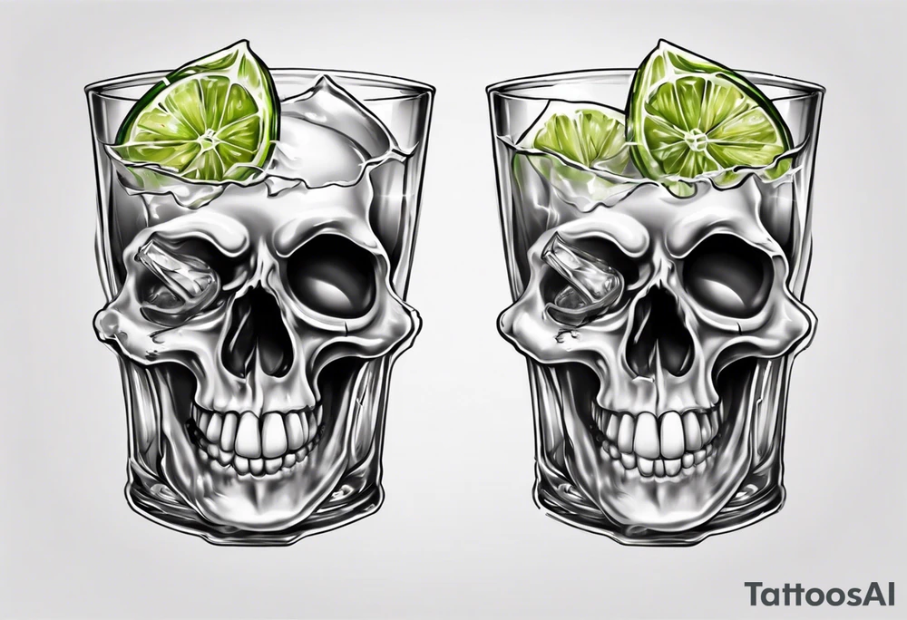 A smiling looking to the left scull inside the glass with alcohol and piece of lime tattoo idea