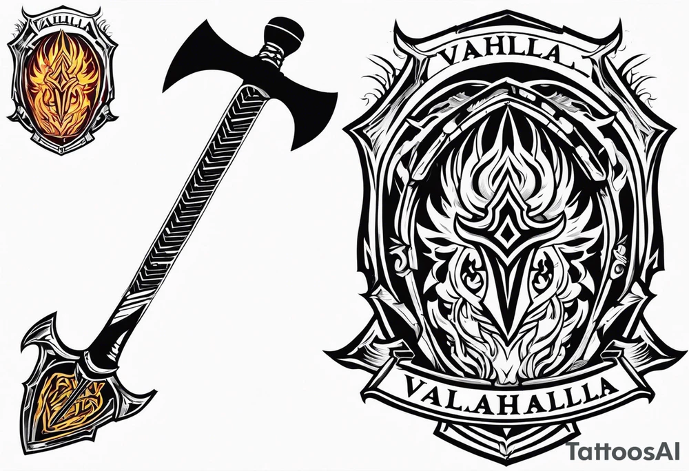 valhalla on fire sword shield axe tattoo idea