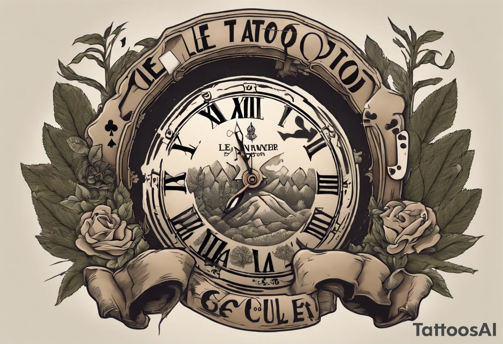 Le tattoo doit intégrer, un paysage montagneux et forêt, une horloge à 21h44.
Il faut aussi une pellicule de cinéma déroulée. Un vieux chapeau de l'armée italienne. avec une main de poker gagnante. Un jeu de carte de poker tattoo idea