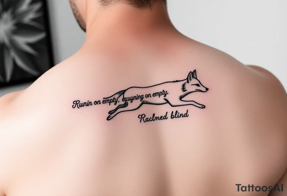 Lyrics to Jackson brownes runnin on empty. “Runnin on empty, runnin blind” with an outline sketch of a running fox separates the set of lyrics tattoo idea