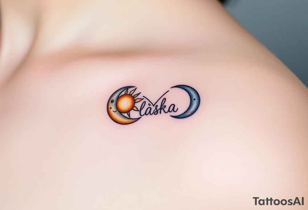 A moon-and-sun-themed infinity symbol, where one side features a golden sun and the other a silvery crescent moon, with the word "láska" written in between tattoo idea