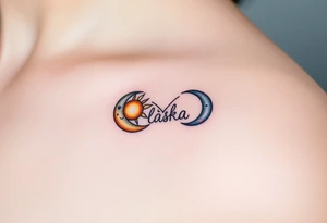 A moon-and-sun-themed infinity symbol, where one side features a golden sun and the other a silvery crescent moon, with the word "láska" written in between tattoo idea