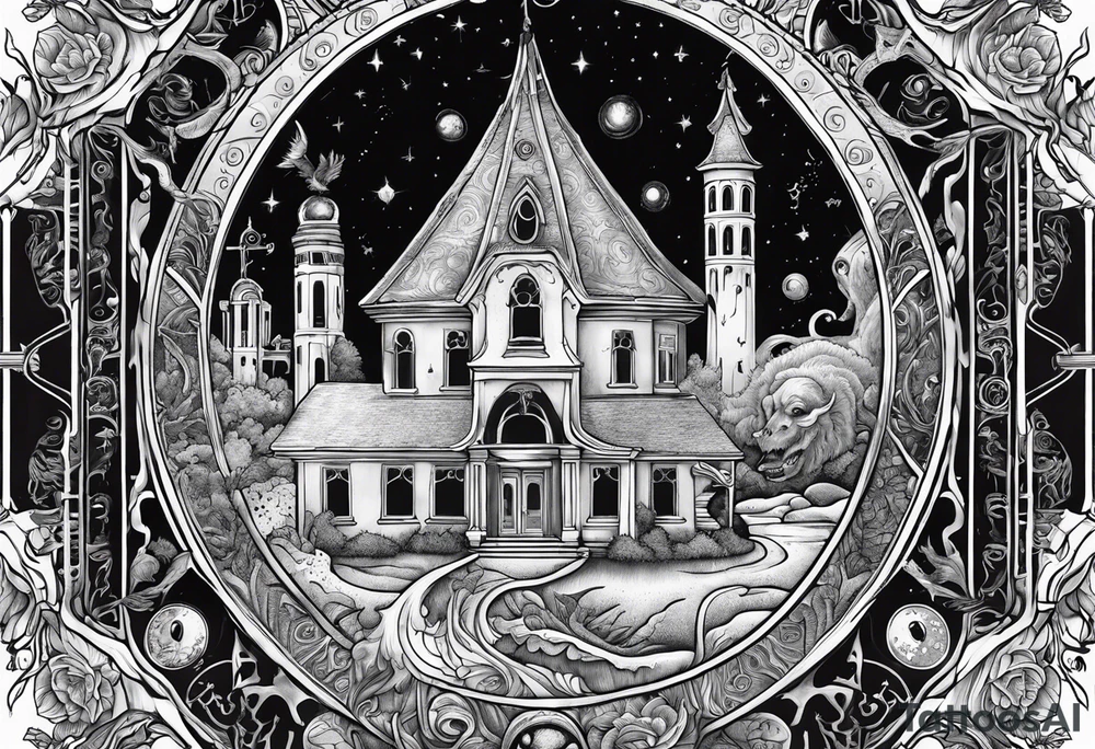 Beautiful Eldridge horror creature, astrology scene tattoo idea
