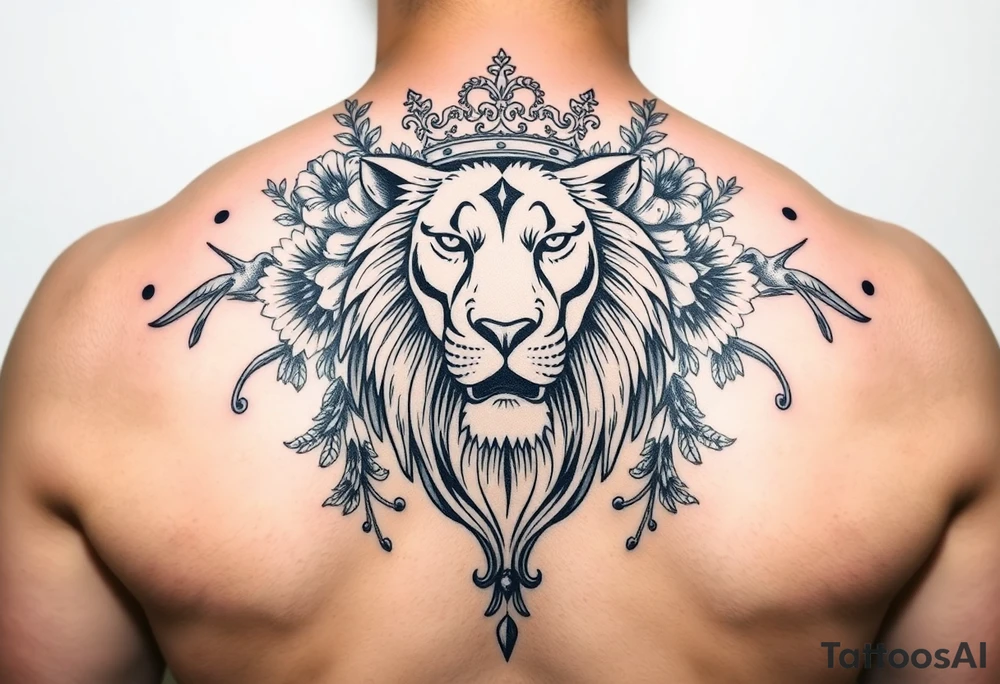 powerful majestic lion with a crown, surrounded by floral ornaments and birds tattoo idea