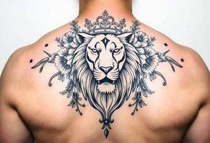 powerful majestic lion with a crown, surrounded by floral ornaments and birds tattoo idea