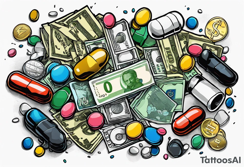 pills, drugs, euro bank notes and currency, bank cheques, police, walkietalkies tattoo idea