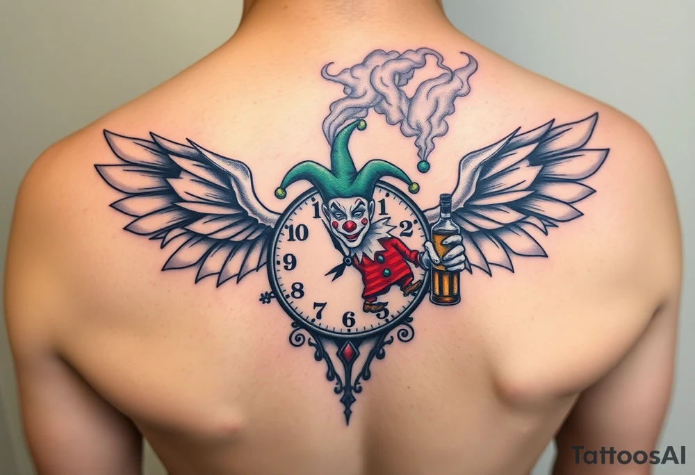 a jester clown floating in smoke with a  clock, the time says 420,  with two open wings besides the clock, smoke as the spring rising from the clock, a jester clown coming out the smoke, smoking in one hand with a liquor bottle on the other hand tattoo idea