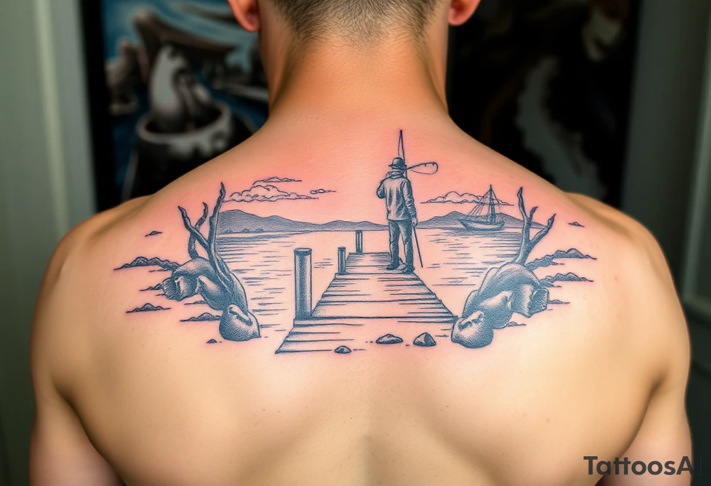 Fisherman on a pier surrounded by nature, colorful tattoo idea Fisherman on a pier surrounded by nature, colorful tattoo idea