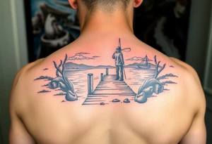 Fisherman on a pier surrounded by nature, colorful tattoo idea
