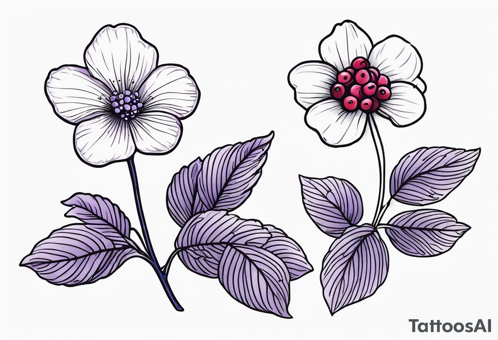 wildlower tattoo with 2 violets as the focal point.  1 small blueberry and 1 small raspberry tattoo idea