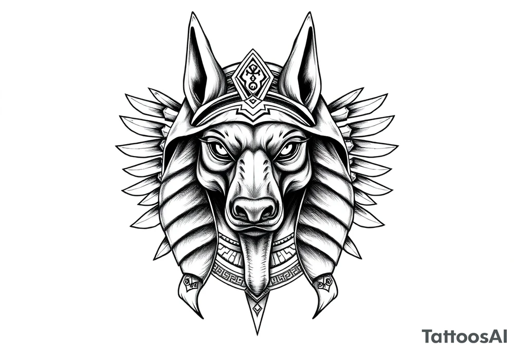 Egyptian Anubis god face muscle in Egypt style  with mantle on head with empty eyes 

dog face surrounded Egyptian symbols based on elements tattoo idea