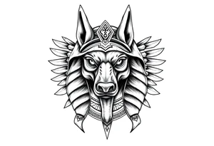 Egyptian Anubis god face muscle in Egypt style  with mantle on head with empty eyes 

dog face surrounded Egyptian symbols based on elements tattoo idea